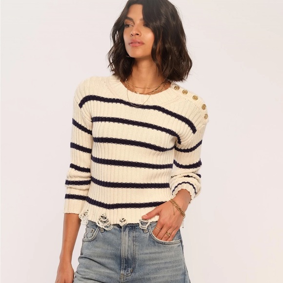 Heartloom Jace Cream & Blue Striped Sweater with Gold Button Accents Small